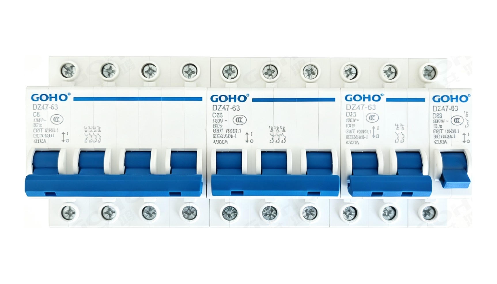 DZ47 MCB pole versions shown side by side: single pole, two pole and three pole miniature circuit breakers on a DIN rail with the busbar comb fitted across the top terminals.