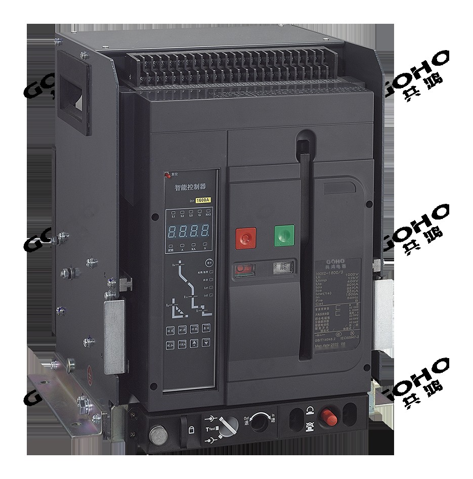 Air circuit breaker with the communication type controller, showing the measurement display and the setting interface used for remote monitoring and control.