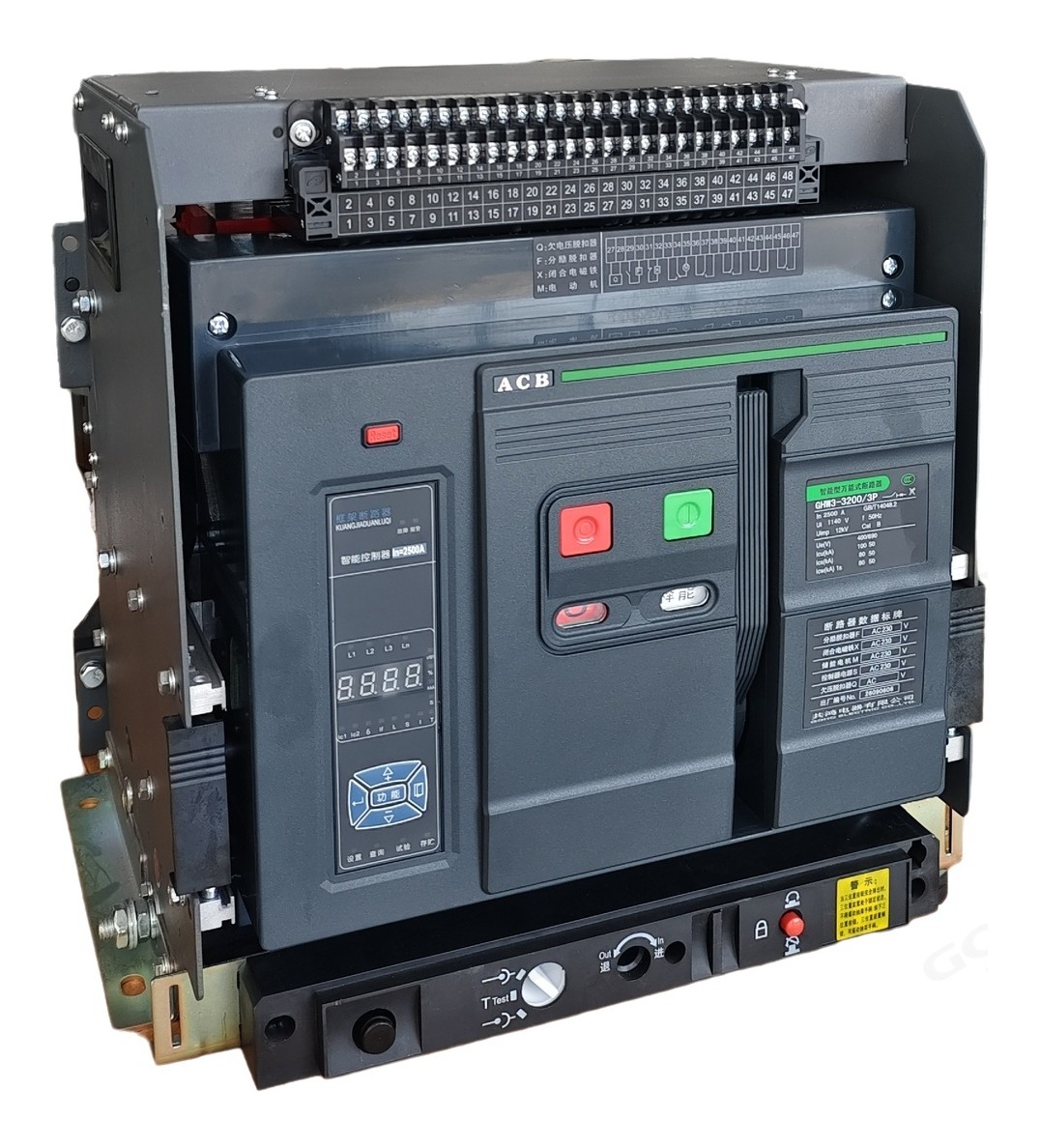 Intelligent air circuit breaker controller panel showing the current and voltage display, the four-stage protection setting keys and the open and close push buttons.