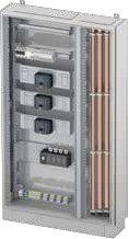 Busbar system inside a SIBOARD low voltage distribution board, shown with the busbar run and modular devices