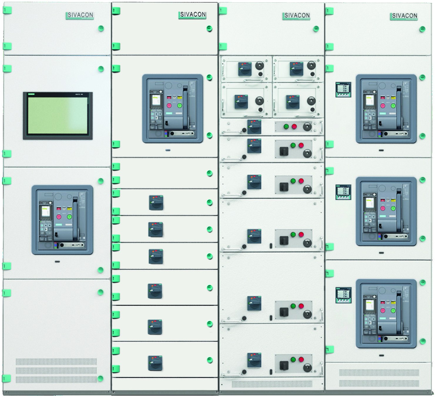 SIVACON 8PT low voltage switchgear &mdash; a finished line‑up of four cubicles comprising incoming, bus coupler and outgoing feeder sections.