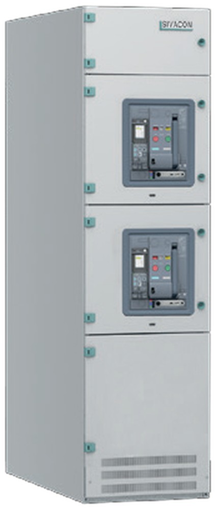 SIVACON 8PT FCB2 cubicle &mdash; two air circuit‑breakers, the upper one usable as a bus coupler