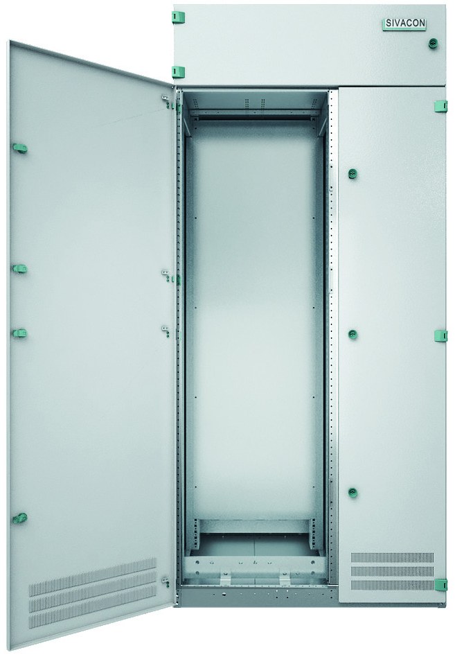 Internal view of a SIVACON 8PT low voltage switchgear cubicle with both doors open, showing the frame, horizontal busbar and compartment dividers.