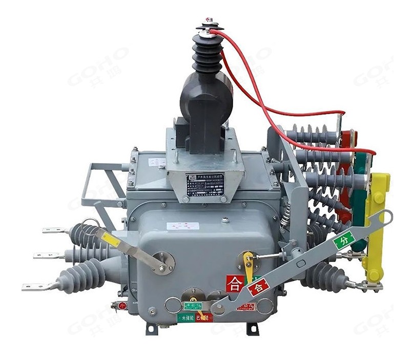 ZW20-12 pole mounted vacuum circuit breaker with a voltage transformer mounted on the frame above the sealed tank for the local control supply.
