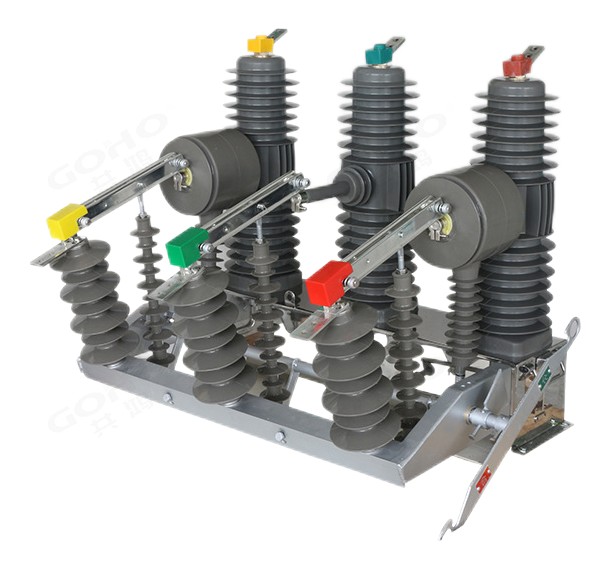 ZW32 series three-pole outdoor vacuum circuit breaker on its steel mounting frame, showing the phase spacing and the operating linkage below the frame.