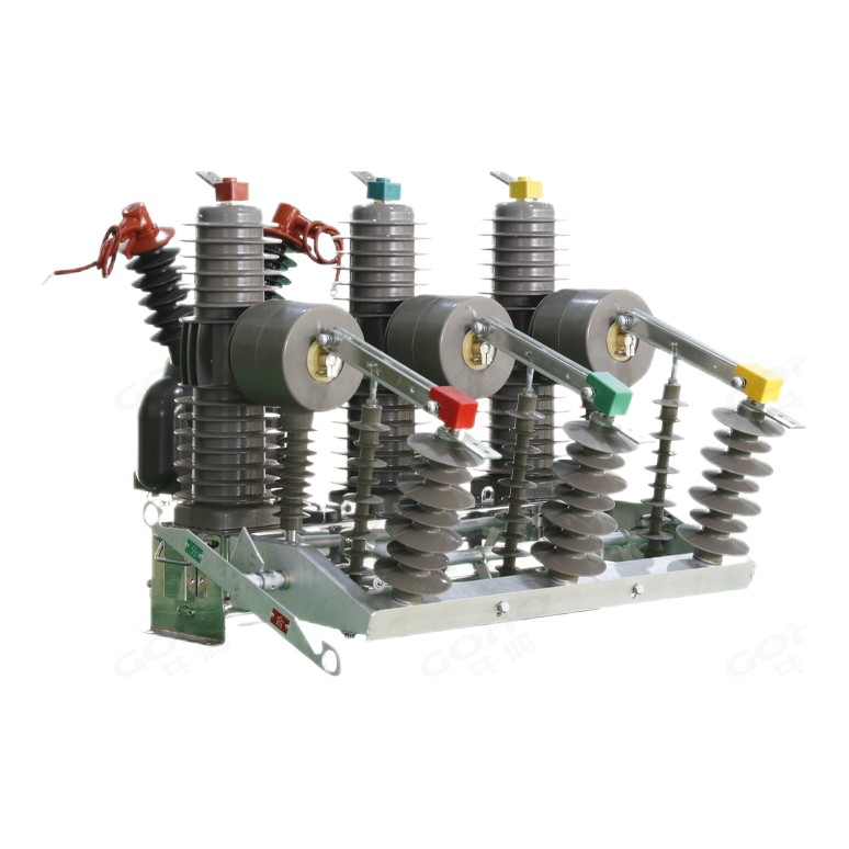 ZW32 series outdoor pole mounted high voltage vacuum circuit breaker built by GOHO Electric &mdash; three separate solid insulated interrupter columns on a steel mounting frame with the spring operating mechanism and the open close indicator below.