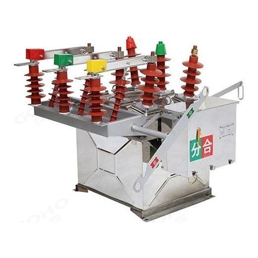 ZW8-12 outdoor pole mounted high voltage vacuum circuit breaker manufactured by GOHO Electric &mdash; three-phase common tank design with three coloured insulators, the open/close indicator and the manual operating handle on a steel mounting frame.