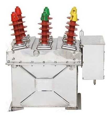 ZW8-12 sealed tank outdoor vacuum circuit breaker with three coloured phase insulators and the control cabinet carried on the mounting frame.